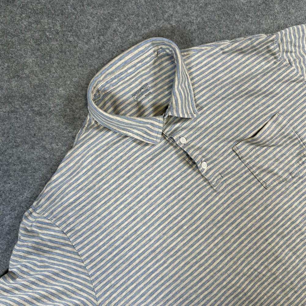 Patagonia Polo Shirt Mens XL Blue Gray Striped Organic Cotton Pocket Casual